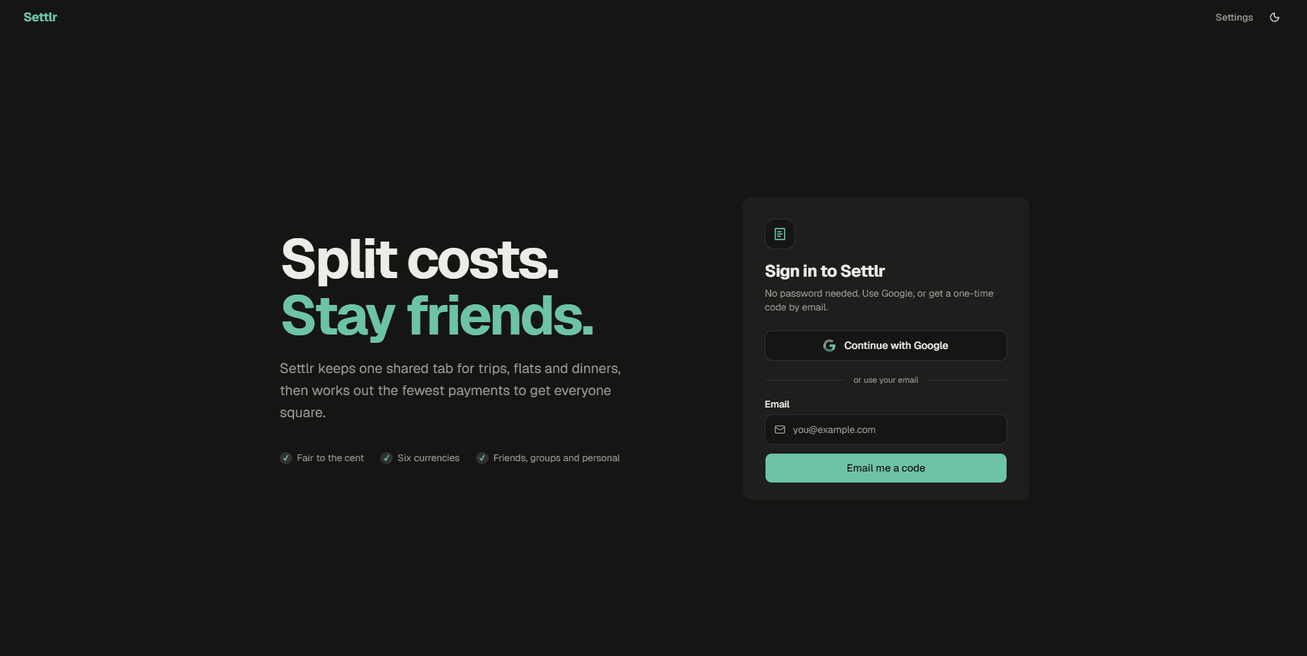 Settlr home page